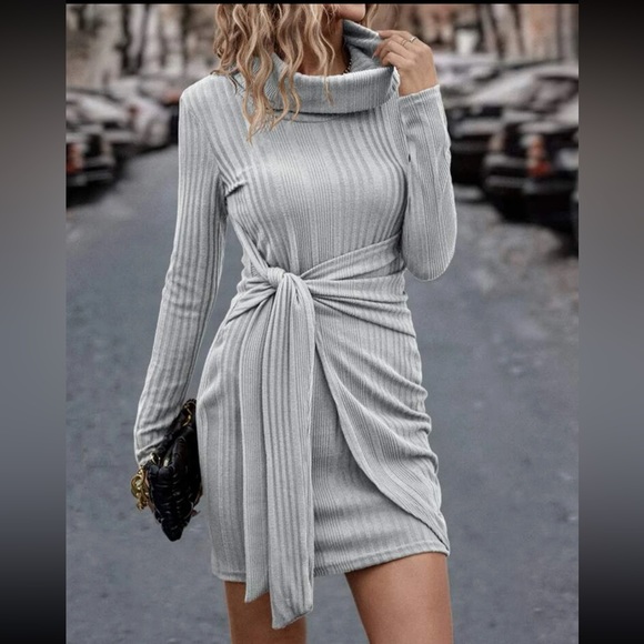 Classic Long Sleeve Cowl Neck Knot Side Wrap Hem Ribbed Dress - Picture 13 of 16